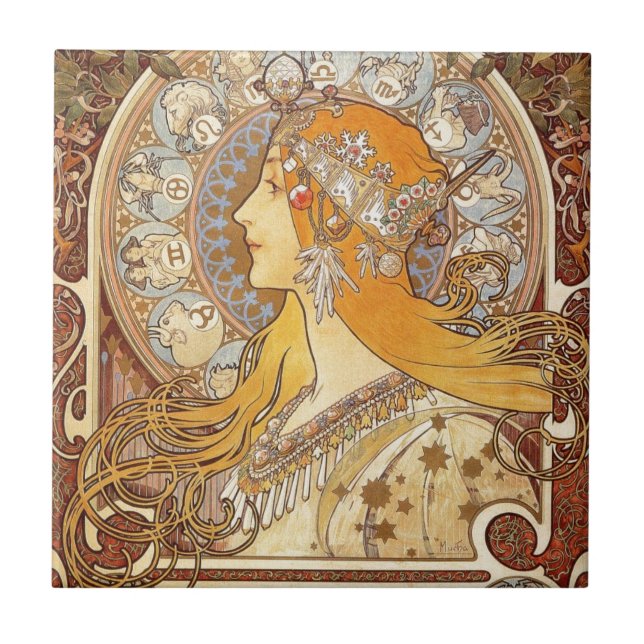Zodiac by Alphonse Mucha Tile (Front)