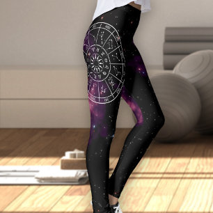Zodiac Calendar   Purple Nebula & Star Signs Leggings