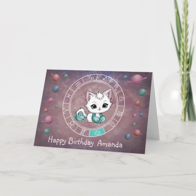 Zodiac Cancer Cute Cat Wheel Planet Astrology Card (Front)