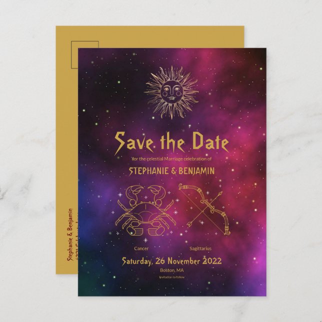 Zodiac Cancer Sagittarius Burgundy Save the Date Announcement Postcard (Front/Back)