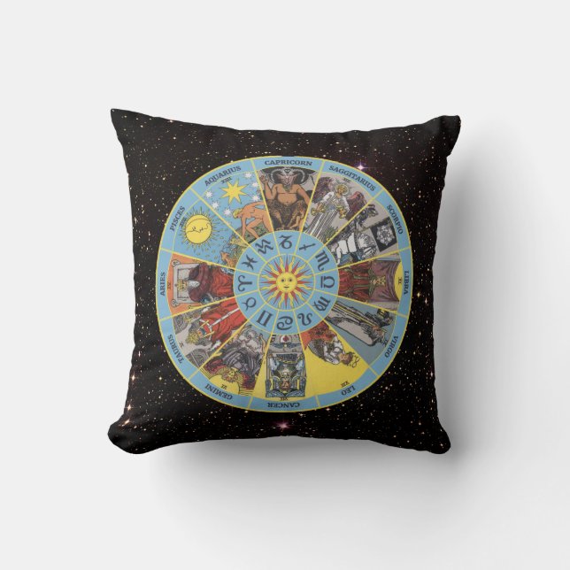 Zodiac Circle w Astrological Symbols & Tarot Cards Cushion (Front)