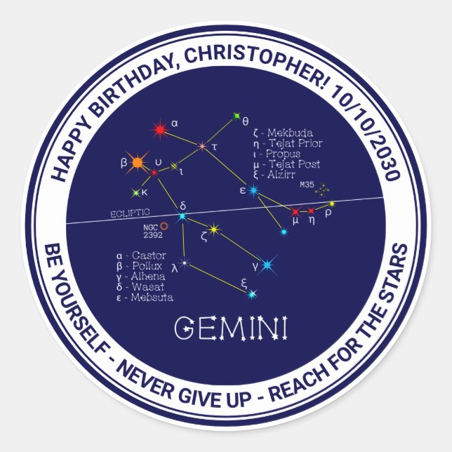Zodiac Constellation Gemini Classic Round Sticker (Front)