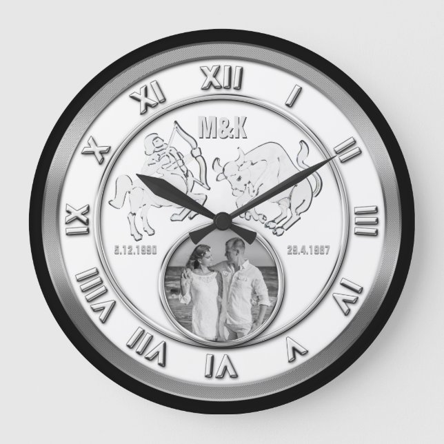 Zodiac Couple Photo Wedding Monogram Your Signs Large Clock (Front)
