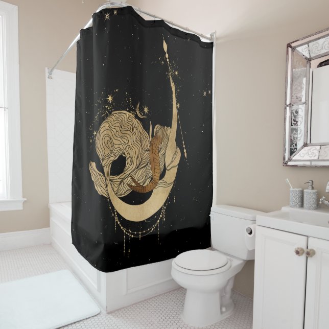 Zodiac Goddess | Cosmic Gold Capricorn Astrology Shower Curtain (In Situ)
