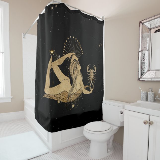 Zodiac Goddess | Cosmic Gold Scorpio Astrology Shower Curtain (In Situ)