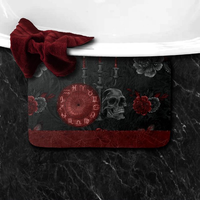 Zodiac Magic Crimson | Henna Red Gothic Skull Rose Bath Mat (Creator Uploaded)