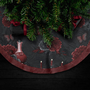 Zodiac Magic Crimson Henna Red Gothic Skull Rose Brushed Polyester Tree Skirt