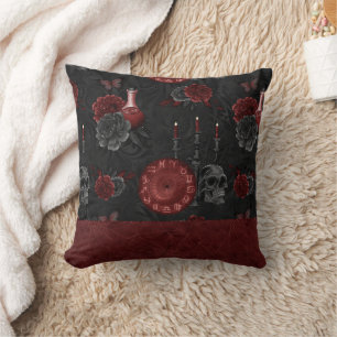 Zodiac Magic Crimson Henna Red Gothic Skull Rose Cushion
