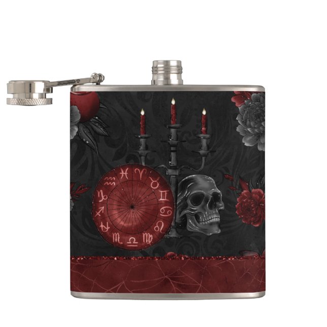 Zodiac Magic Crimson | Henna Red Gothic Skull Rose Hip Flask (Opened)