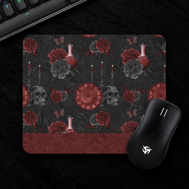 Zodiac Magic Crimson | Henna Red Gothic Skull Rose Mouse Pad (Creator Uploaded)