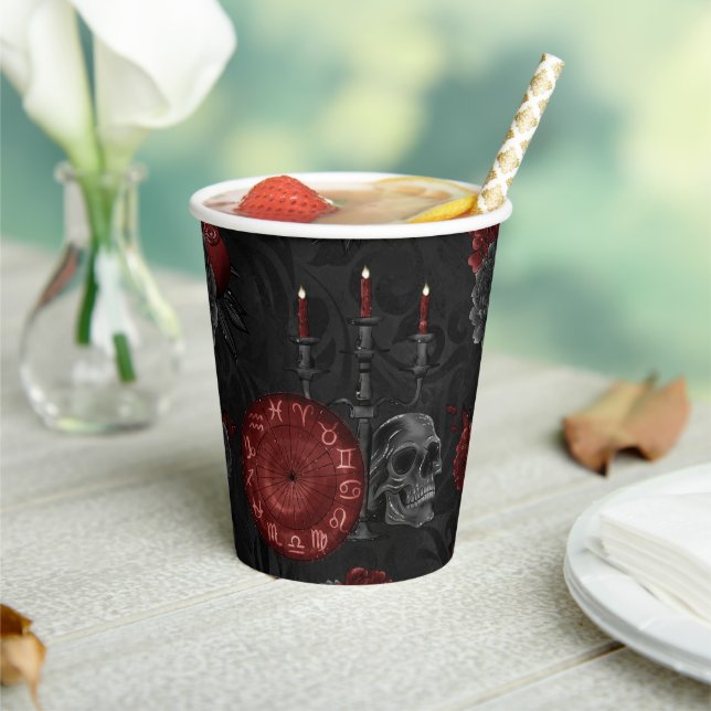 Zodiac Magic Crimson | Henna Red Gothic Skull Rose Paper Cups (Insitu)
