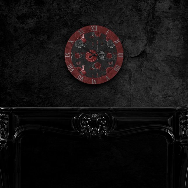 Zodiac Magic Crimson | Henna Red Gothic Skull Rose Round Clock (Creator Uploaded)
