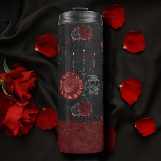 Zodiac Magic Crimson | Henna Red Gothic Skull Rose Thermal Tumbler (Creator Uploaded)