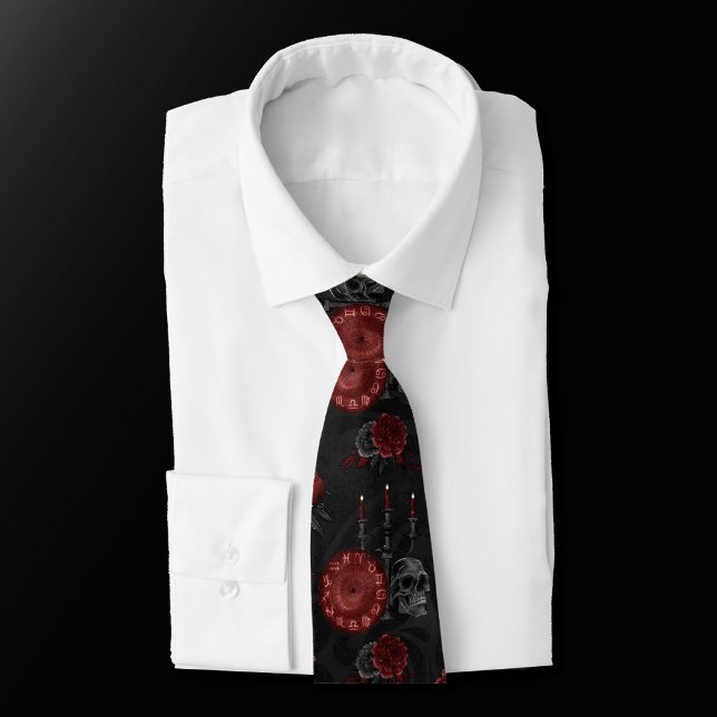 Zodiac Magic Crimson | Henna Red Gothic Skull Rose Tie (Creator Uploaded)