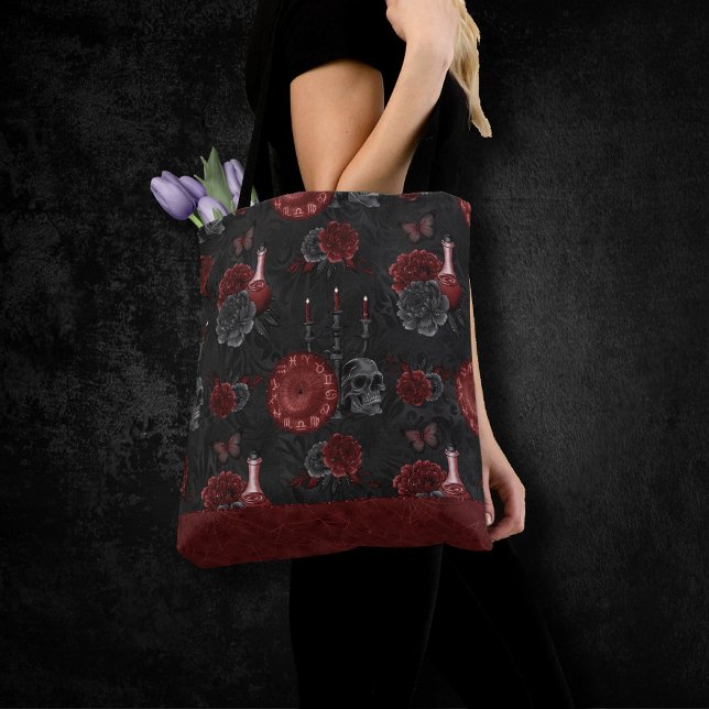 Zodiac Magic Crimson | Henna Red Gothic Skull Rose Tote Bag (Creator Uploaded)