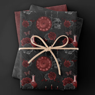 Zodiac Magic Crimson   Henna Red Gothic Skull Rose Wrapping Paper Sheet