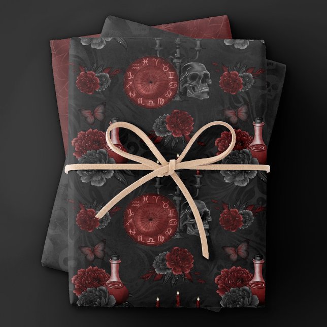 Zodiac Magic Crimson | Henna Red Gothic Skull Rose Wrapping Paper Sheet (Creator Uploaded)