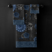 Zodiac Magic | Dark Navy Blue Gothic Skull Roses