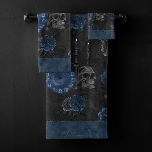 Zodiac Magic Dark Navy Blue Gothic Skull Roses Bath Towel Set