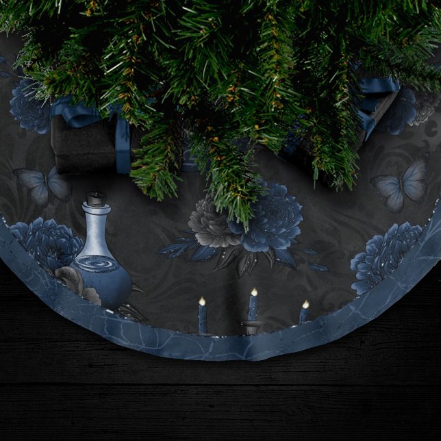 Zodiac Magic | Dark Navy Blue Gothic Skull Roses Brushed Polyester Tree Skirt (Creator Uploaded)