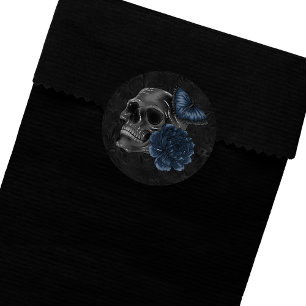 Zodiac Magic   Dark Navy Blue Gothic Skull Roses Classic Round Sticker
