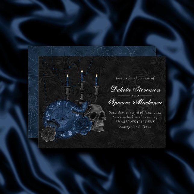 Zodiac Magic | Dark Navy Blue Gothic Skull Roses Invitation (Creator Uploaded)