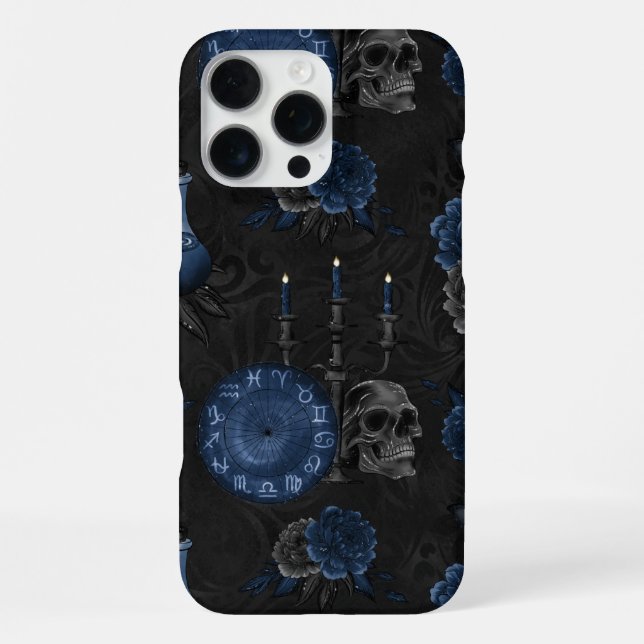 Zodiac Magic | Dark Navy Blue Gothic Skull Roses iPhone Case (Back)
