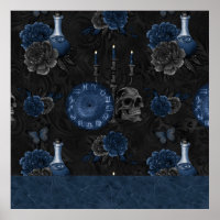 Zodiac Magic | Dark Navy Blue Gothic Skull Roses