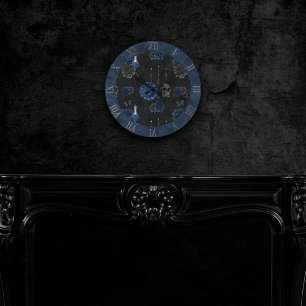 Zodiac Magic   Dark Navy Blue Gothic Skull Roses Round Clock