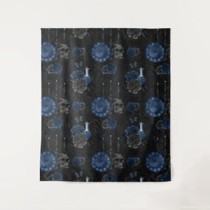 Zodiac Magic Dark Navy Blue Gothic Skull Roses Tapestry