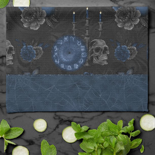 Zodiac Magic   Dark Navy Blue Gothic Skull Roses Tea Towel