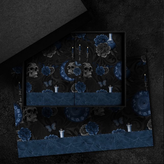 Zodiac Magic | Dark Navy Blue Gothic Skull Roses Tissue Paper (Creator Uploaded)