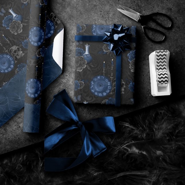 Zodiac Magic | Dark Navy Blue Gothic Skull Roses Wrapping Paper (Creator Uploaded)