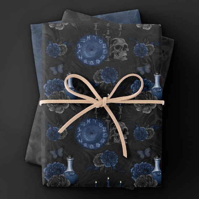 Zodiac Magic | Dark Navy Blue Gothic Skull Roses Wrapping Paper Sheet (Creator Uploaded)