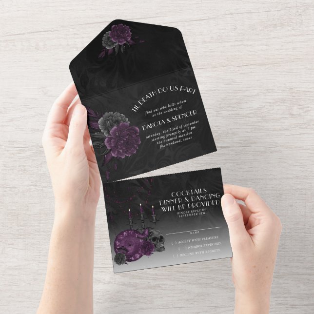 Zodiac Magic | Dark Purple Gothic Skull Roses All In One Invitation (Tearaway)