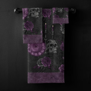 Zodiac Magic   Dark Purple Plum Gothic Skull Roses Bath Towel Set