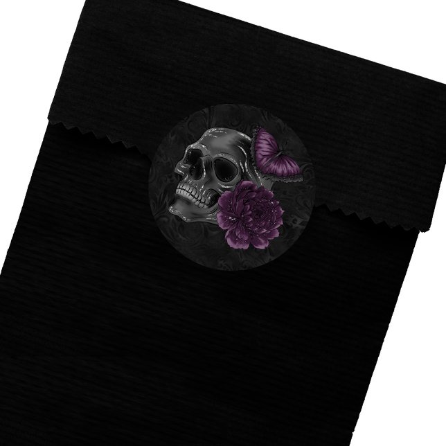 Zodiac Magic | Dark Purple Plum Gothic Skull Roses Classic Round Sticker (Creator Uploaded)