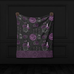 Zodiac Magic   Dark Purple Plum Gothic Skull Roses Fleece Blanket
