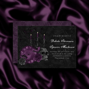 Zodiac Magic   Dark Purple Plum Gothic Skull Roses Invitation