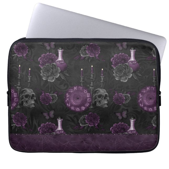 Zodiac Magic | Dark Purple Plum Gothic Skull Roses Laptop Sleeve (Front)