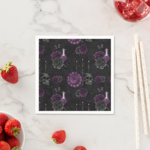 Zodiac Magic Dark Purple Plum Gothic Skull Roses Napkin