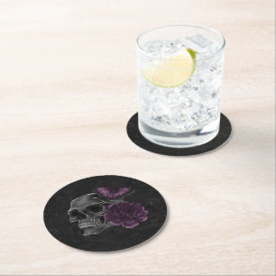 Zodiac Magic Dark Purple Plum Gothic Skull Roses Round Paper Coaster