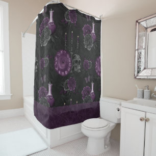 Zodiac Magic Dark Purple Plum Gothic Skull Roses Shower Curtain