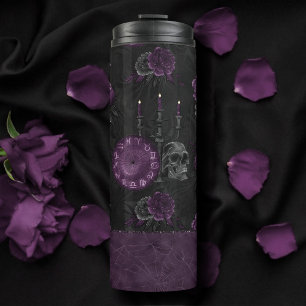 Zodiac Magic   Dark Purple Plum Gothic Skull Roses Thermal Tumbler