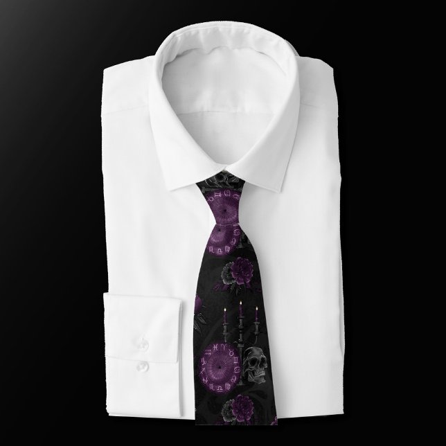 Zodiac Magic | Dark Purple Plum Gothic Skull Roses Tie (Creator Uploaded)