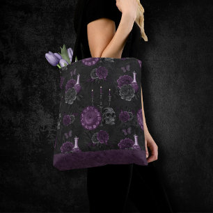 Zodiac Magic Dark Purple Plum Gothic Skull Roses Tote Bag