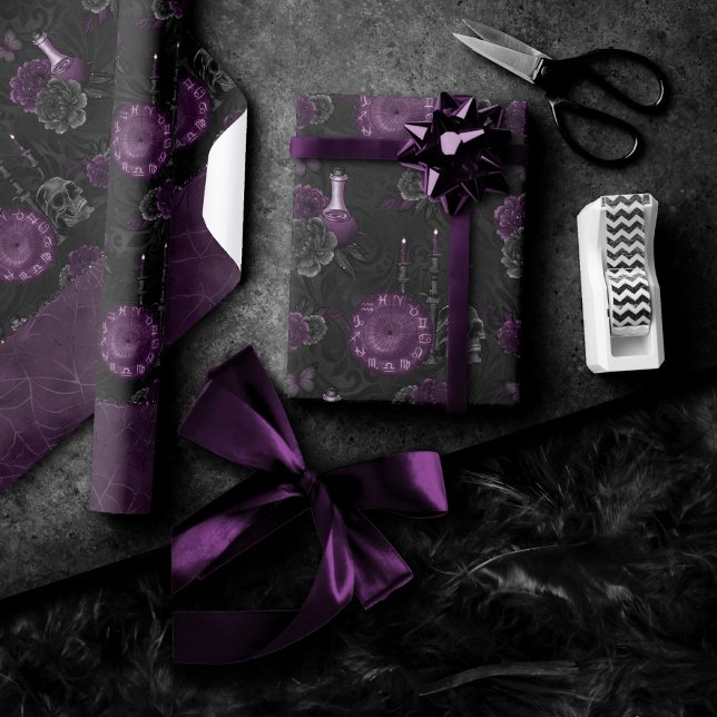 Zodiac Magic | Dark Purple Plum Gothic Skull Roses Wrapping Paper (Creator Uploaded)