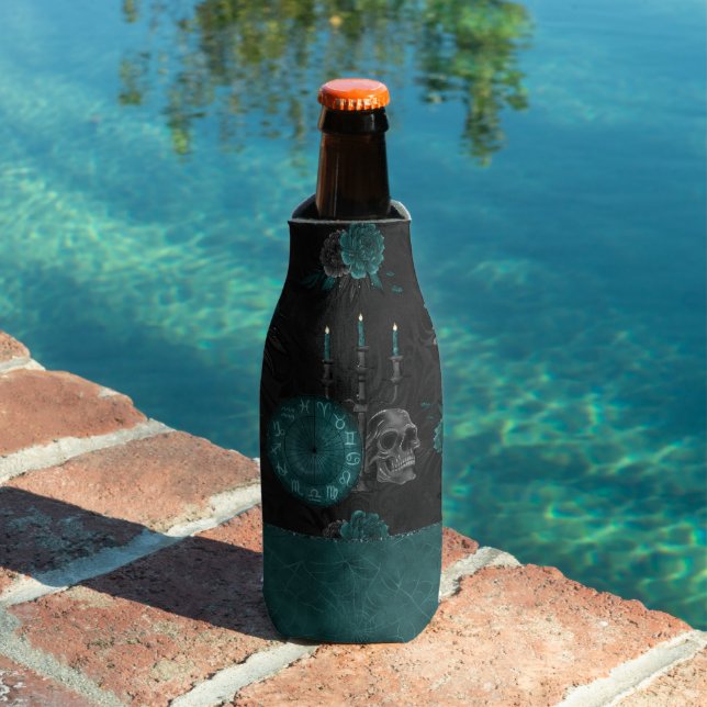 Zodiac Magic | Dark Teal Green Gothic Skull Roses Bottle Cooler (In Situ Pool)