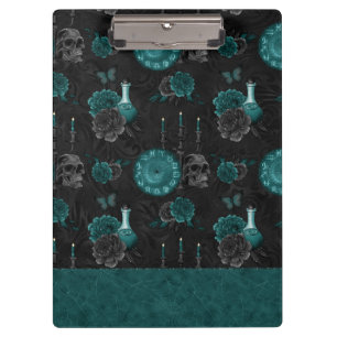 Zodiac Magic Dark Teal Green Gothic Skull Roses Clipboard