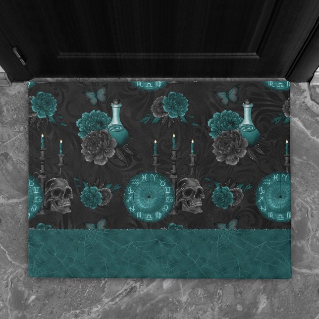 Zodiac Magic | Dark Teal Green Gothic Skull Roses Doormat (Creator Uploaded)